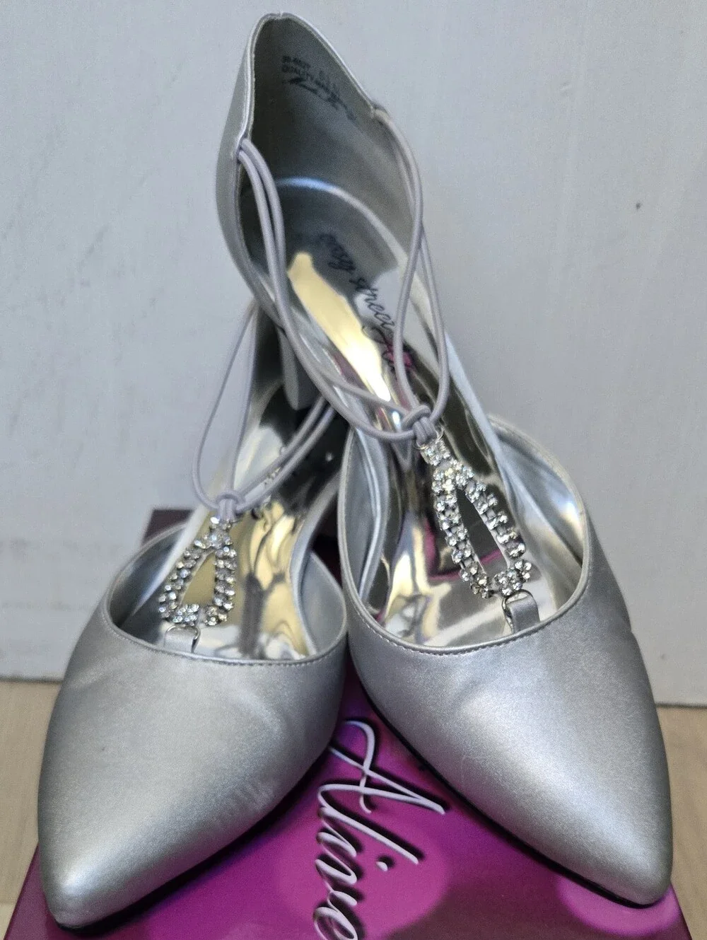 Easy Street Moonlight Silver T-Strap Pumps with Crystal Accent
